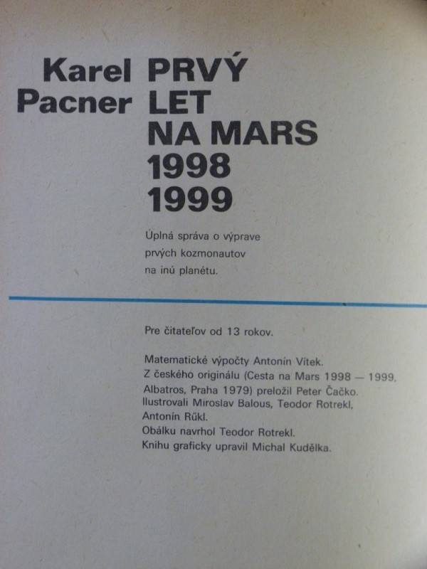 Prvý let na Mars 1998-1999 - Karel Pacner - ANTIKVARIÁT